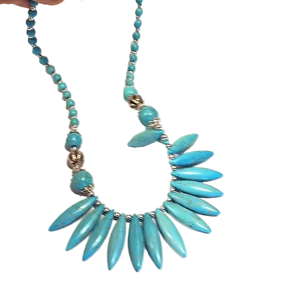 Natural Stone Necklace Vacay Jewelry Blue Malachite Tribal Bohemian Boho Style - Picture 8 of 10
